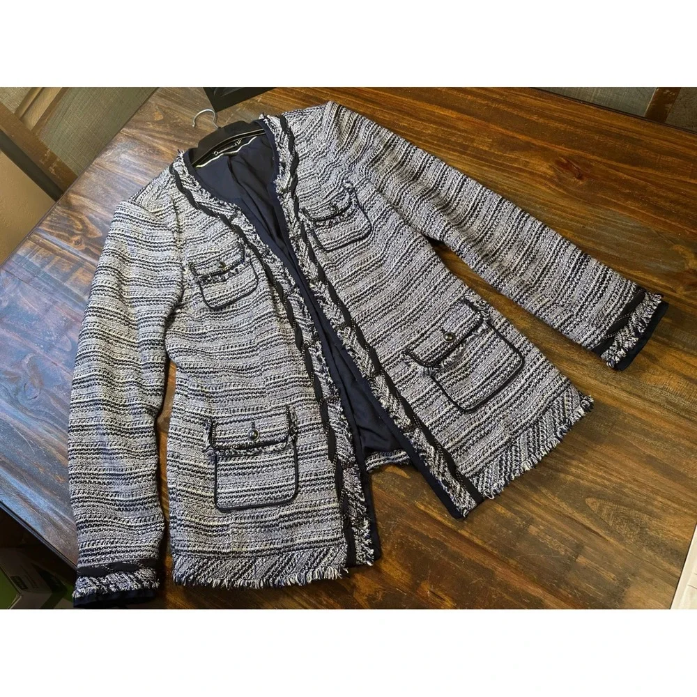 WHBM White House Black Market Blue Tweed Fringe Blazer Women Sz 10 Office‎ Siren